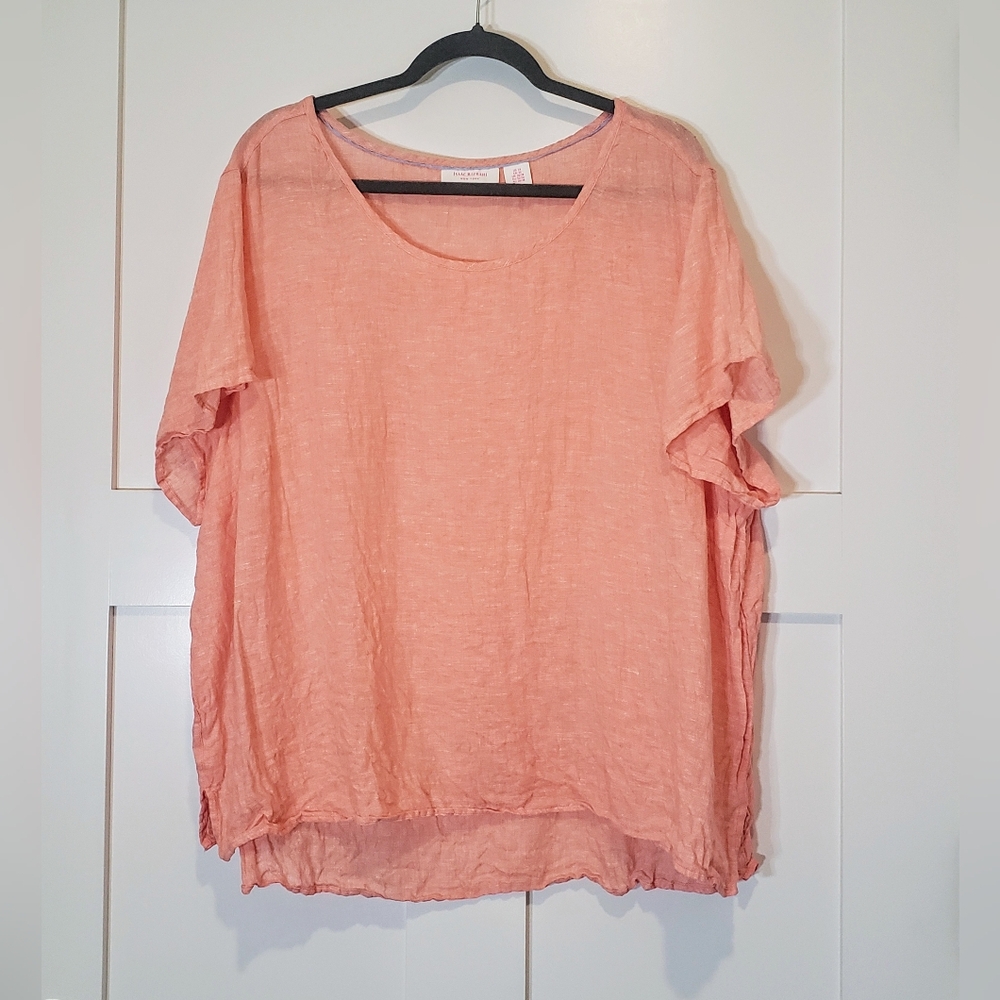 Isaac Mizrahi Linen Top Size 3X Heathered Peachy Coral Short Sleeves Semi Sheer